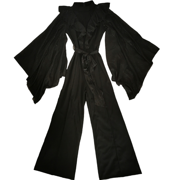 NWT Cien Black Metallic Ruffle Wide-Leg Jumpsuit Mesh Yoke Angel Sleeves Size L - Picture 8 of 11